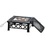 Outsunny 3 In 1 Square Fire Pit Square Table Metal Brazier, Patio With Bbq Grill Shelf, Spark Screen Cover, Grate, 76 X 76 X 47cm