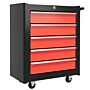 Homcom 5-drawer Tool Chest With Wheels, Steel Lockable Tool Storage Cabinet With Handle, 2 Keys For Garage, Workshop, Red