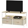 Homcom Tv Cabinet, Tv Console Unit With 2 Foldable Linen Drawers, Tv Stand With Shelving, Entertainment Room, Maple Wood Effect