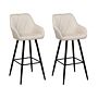 Set Of 2 Bar Stool Light Beige Fabric Upholstered With Arms Quilted Backrest Black Metal Legs Beliani