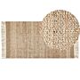 Area Rug Beige Jute 80 X 150 Cm Rectangular With Tassels Geometric Pattern Handwoven