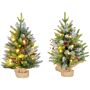 Homcom 2 Pieces 2ft Prelit Artificial Christmas Tree With Led Light And 141 Tips, Concrete Base, Tabletop Xmas Tree With Pine Cones And Red Berries, Green