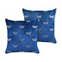 Set Of 2 Scatter Cushions Blue Velvet 45 X 45 Cm Throw Pillow Butterfly Pattern Removable Cover With Filling