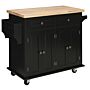 Homcom Rolling Kitchen Island Storage Trolley With Rubber Wood Top & Drawers For Dining Room, Black