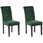 Set Of 2 Dining Chairs Green Velvet Fabric With Decorative Ring Glam Modern Design Black Wooden Legs