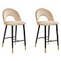 Set Of 2 Bar Chairs Coral Red Velvet Black Steel Retro Design Golden Ends Dining Room