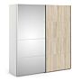 Verona Sliding Wardrobe 180cm In White With Oak And Mirror Doors With 2 Shelves