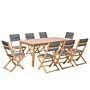 Garden Dining Set Light Acacia Wood Grey Pvc Fabric Extending Outdoor Table 8 Folding Chairs 9 Piece Furniture Set