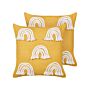 Set Of 2 Scatter Cushions Yellow Cotton 45 X 45 Cm Throw Pillow Embroidered Rainbow Pattern