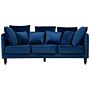 Sofa Blue Velvet Upholstered 3 Seater Cushioned Seat And Back With Wooden Legs