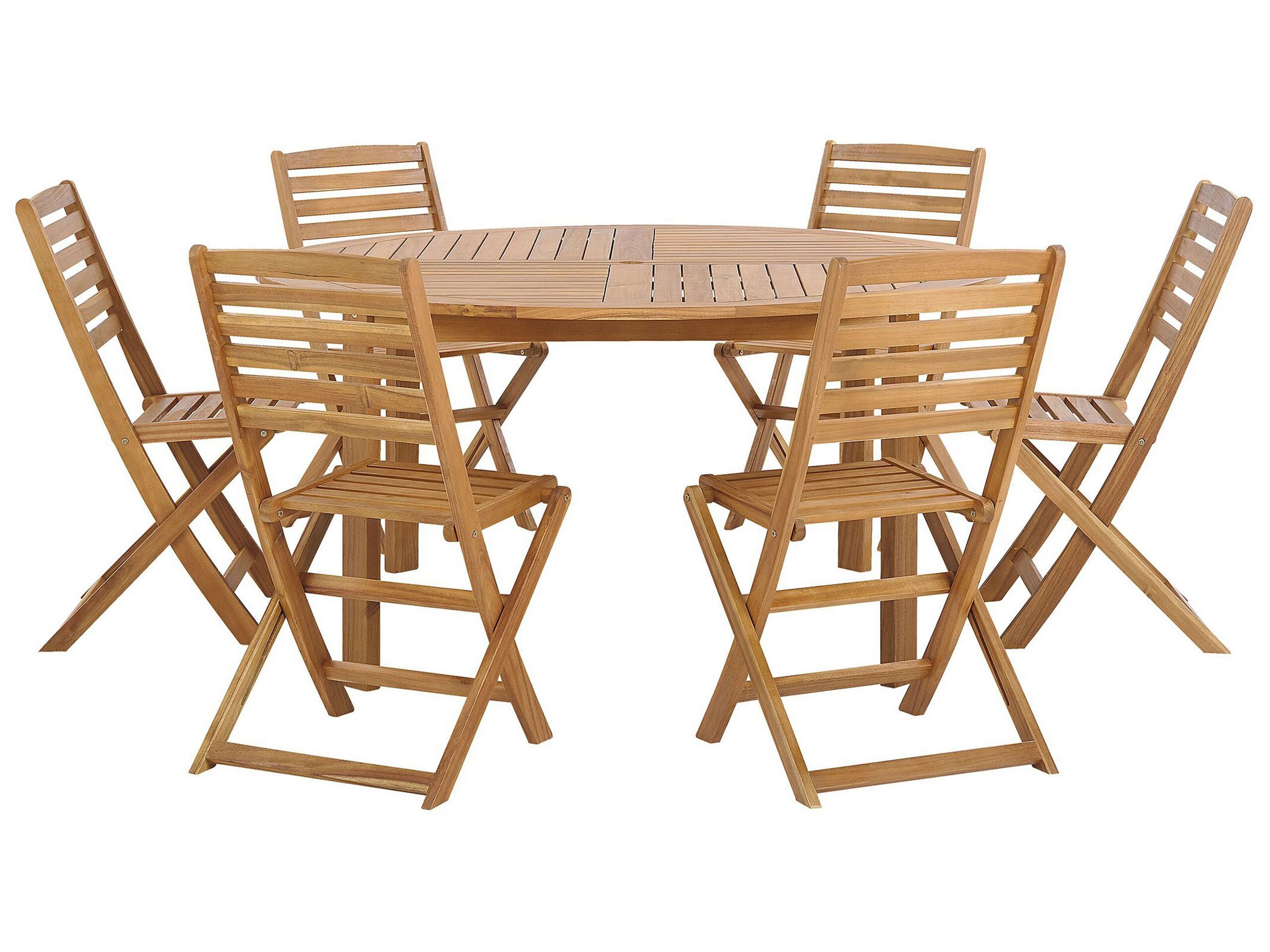 7 Piece Garden Dining Set Light Acacia Wood Round Table And 6 Folding Slatted Chairs Beliani