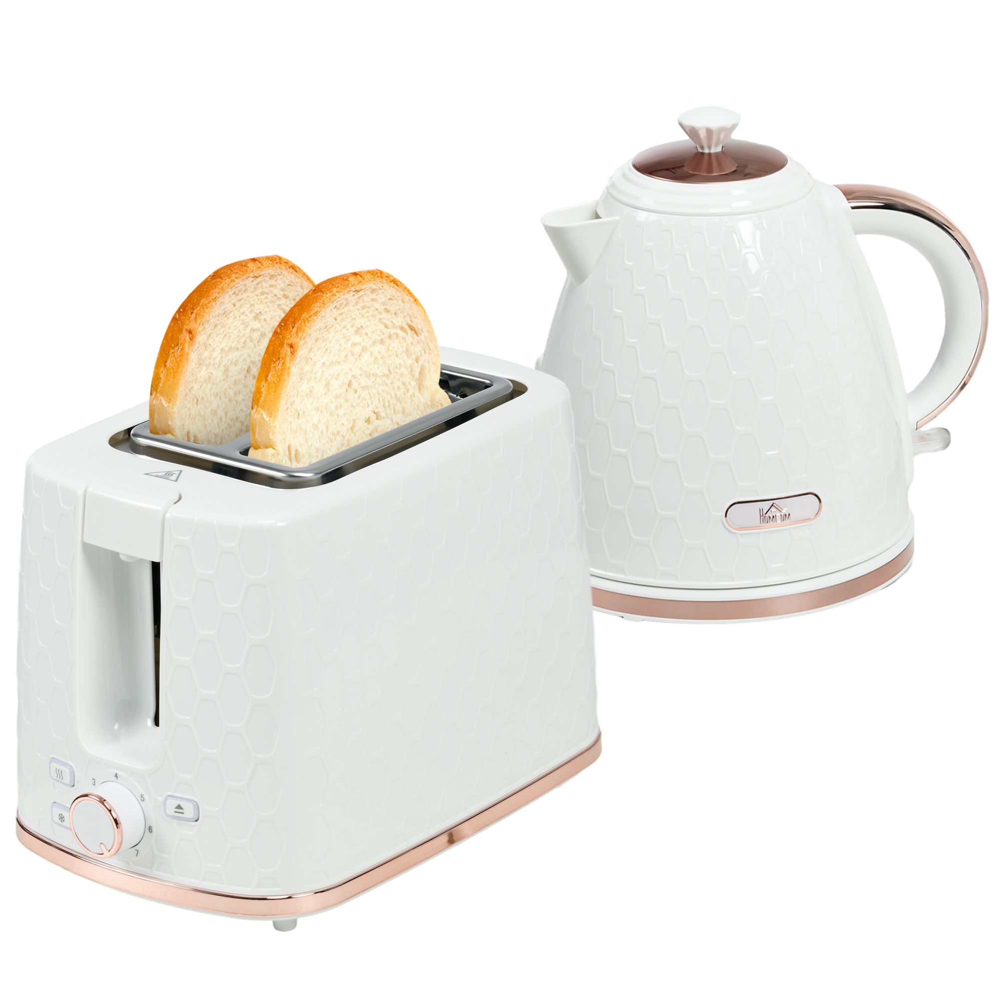 Homcom 1.7l 3000w Fast Boil Kettle & 2 Slice Toaster Set, Kettle And Toaster Set With Auto Shut Off, Browning Controls, White