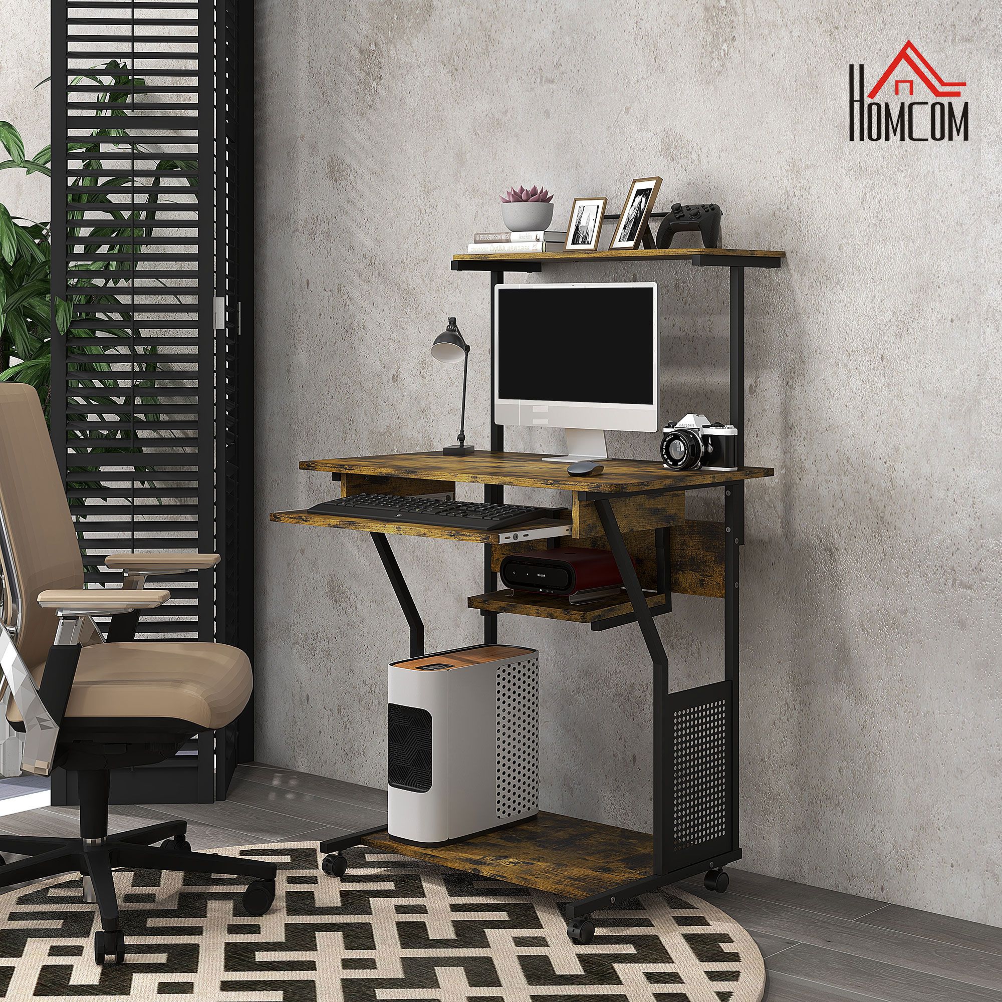 Homcom Mobile Computer Desk With Keyboard Tray, Rolling Study Table With Storage Shelves And Wheels, Industrial Writing Desk For Home Office, 80 X 50