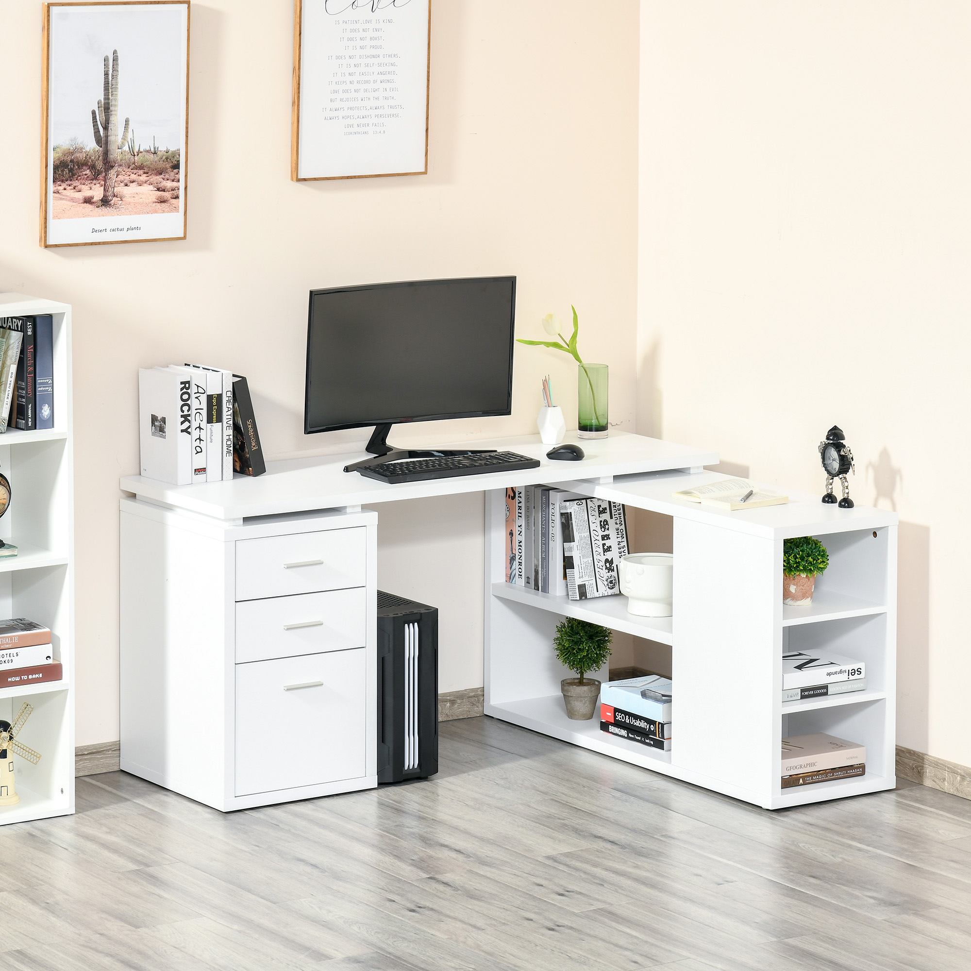 Homcom L-Shaped Computer Desk Home Office Corner Desk Study Workstation Table With Storage Shelves And Drawers, White
