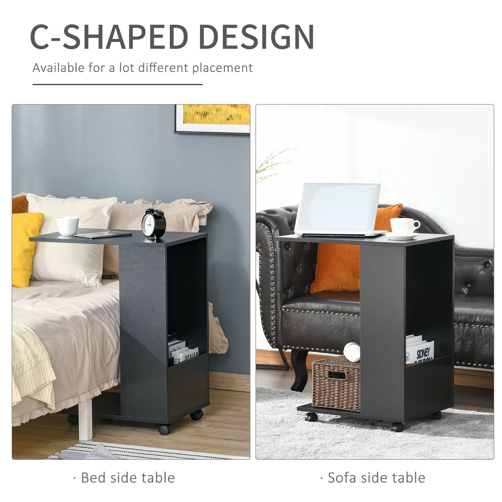 Homcom Mobile Sofa Side Table C-Shape End Table With Storage And Casters For Laptop Coffee Snack, Black