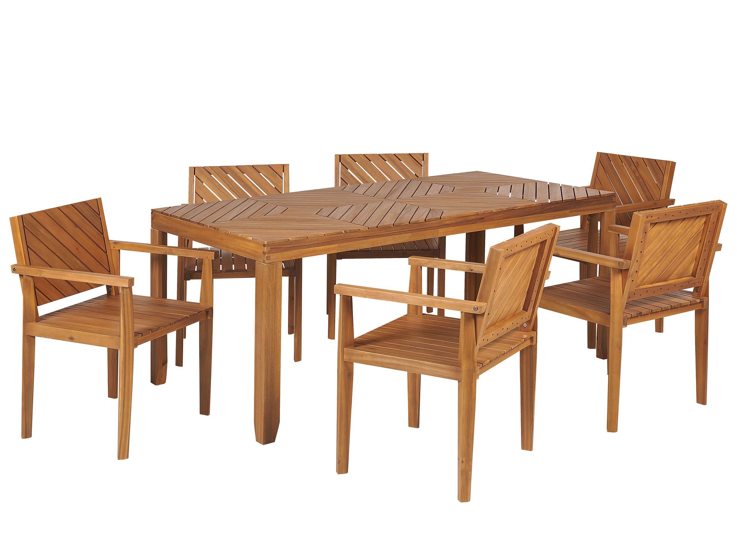 Garden Dining Set Light Acacia Wood Table 180 X 90 Cm 6 Outdoor Chairs With Armrests Rustic Style Beliani