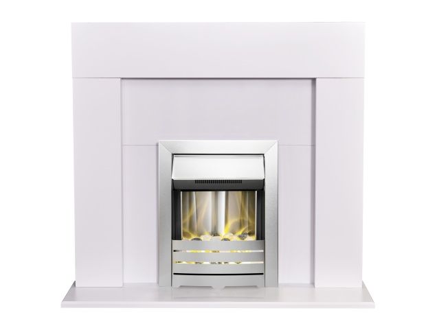 Adam Miami Fireplace In Pure White With Helios Electric Fire In Brushed Steel, 48 Inch