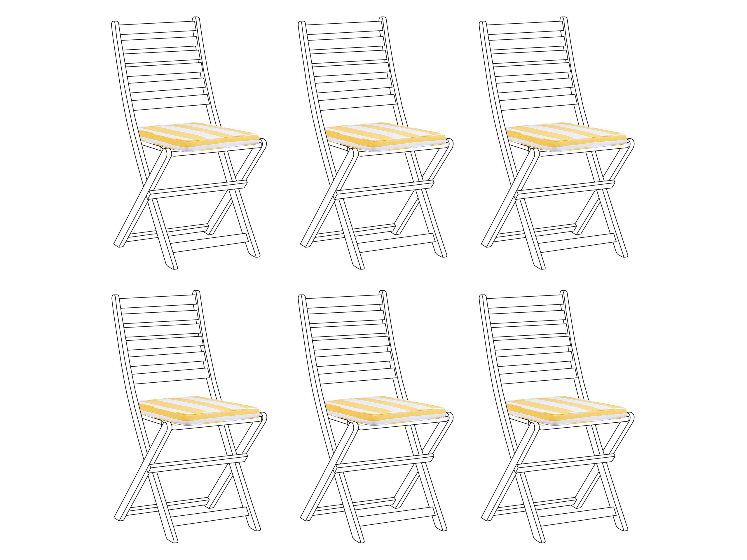 Set Of 6 Outdoor Seat Pad Cushions Yellow And White Geometric Striped Pattern String Tied Zip Fastener Uv Resistant