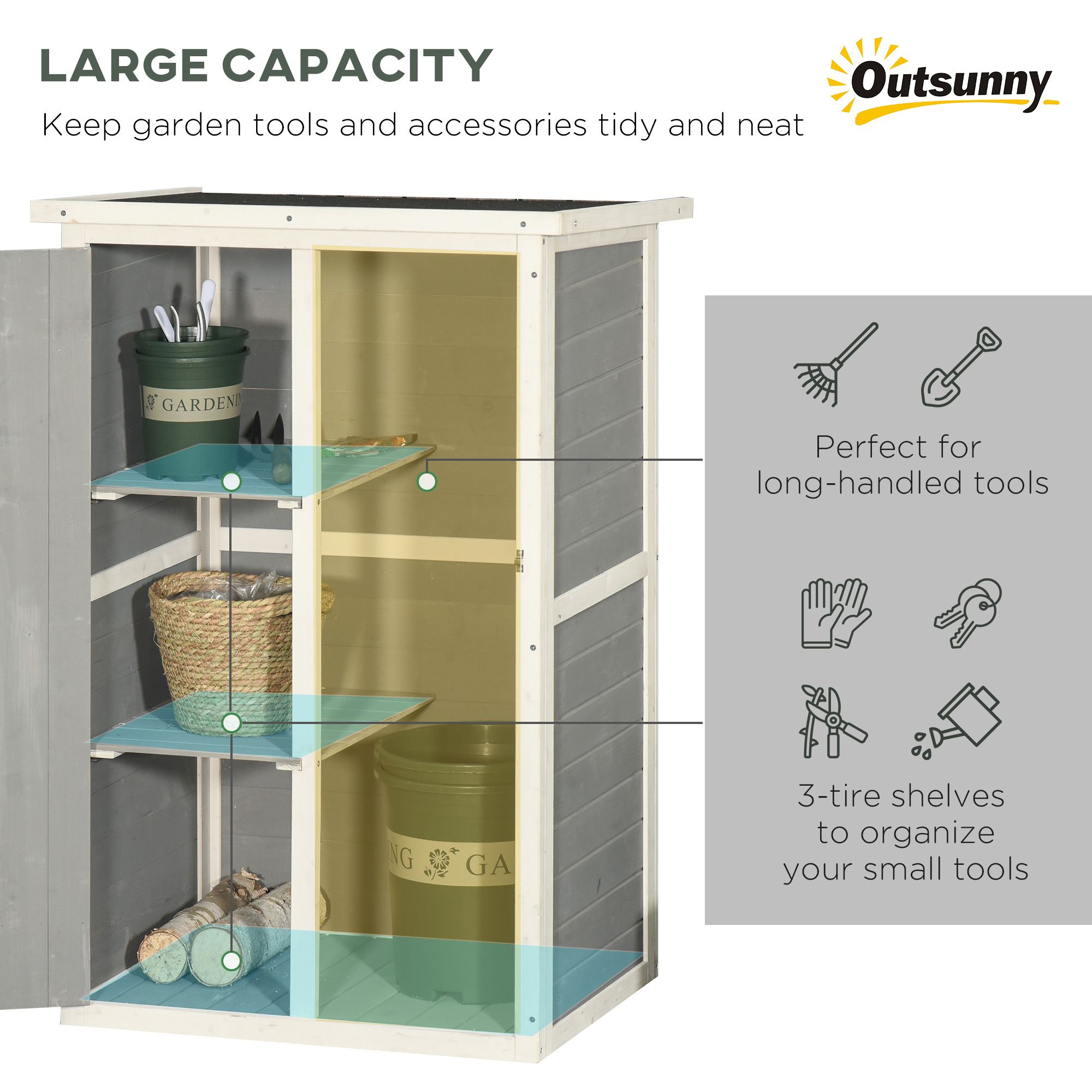 Outsunny Wooden Garden Storage Shed Fir Wood Tool Cabinet Organiser With Shelves 75l X 56w X115hcm Grey