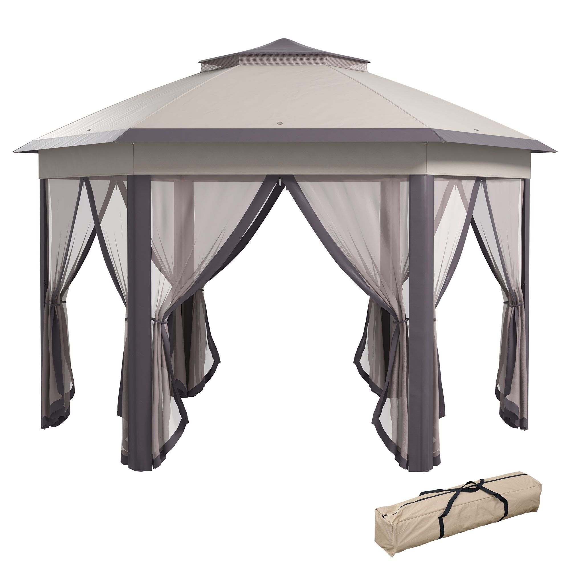 Outsunny Hexagon Patio Gazebo Pop Up Gazebo Outdoor Double Roof Instant Shelter With Netting, 4m X 4m, Beige