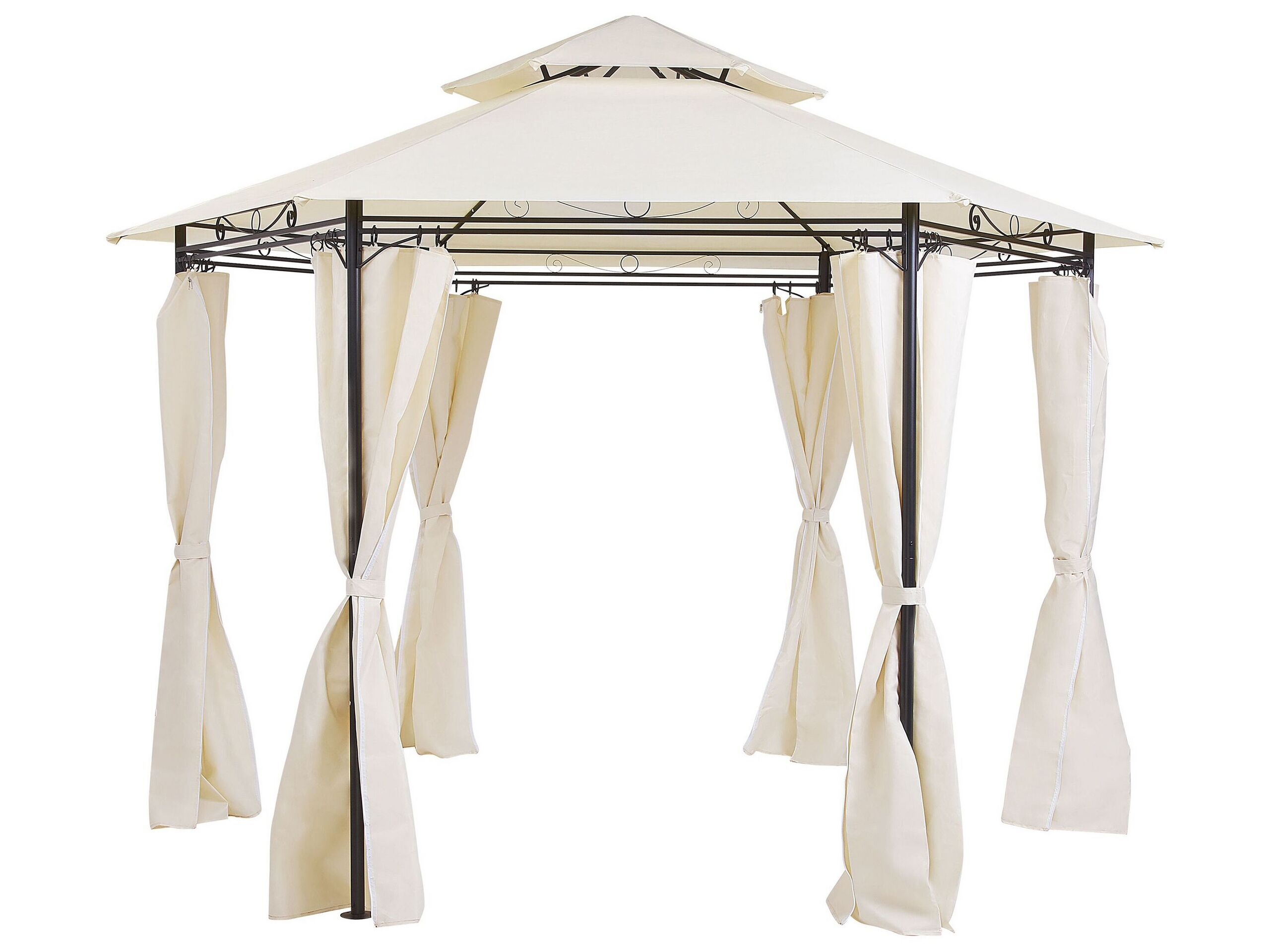 Garden Gazebo Beige Polyester Curtains Black Metal Frame Patio Furniture Uv Resistant