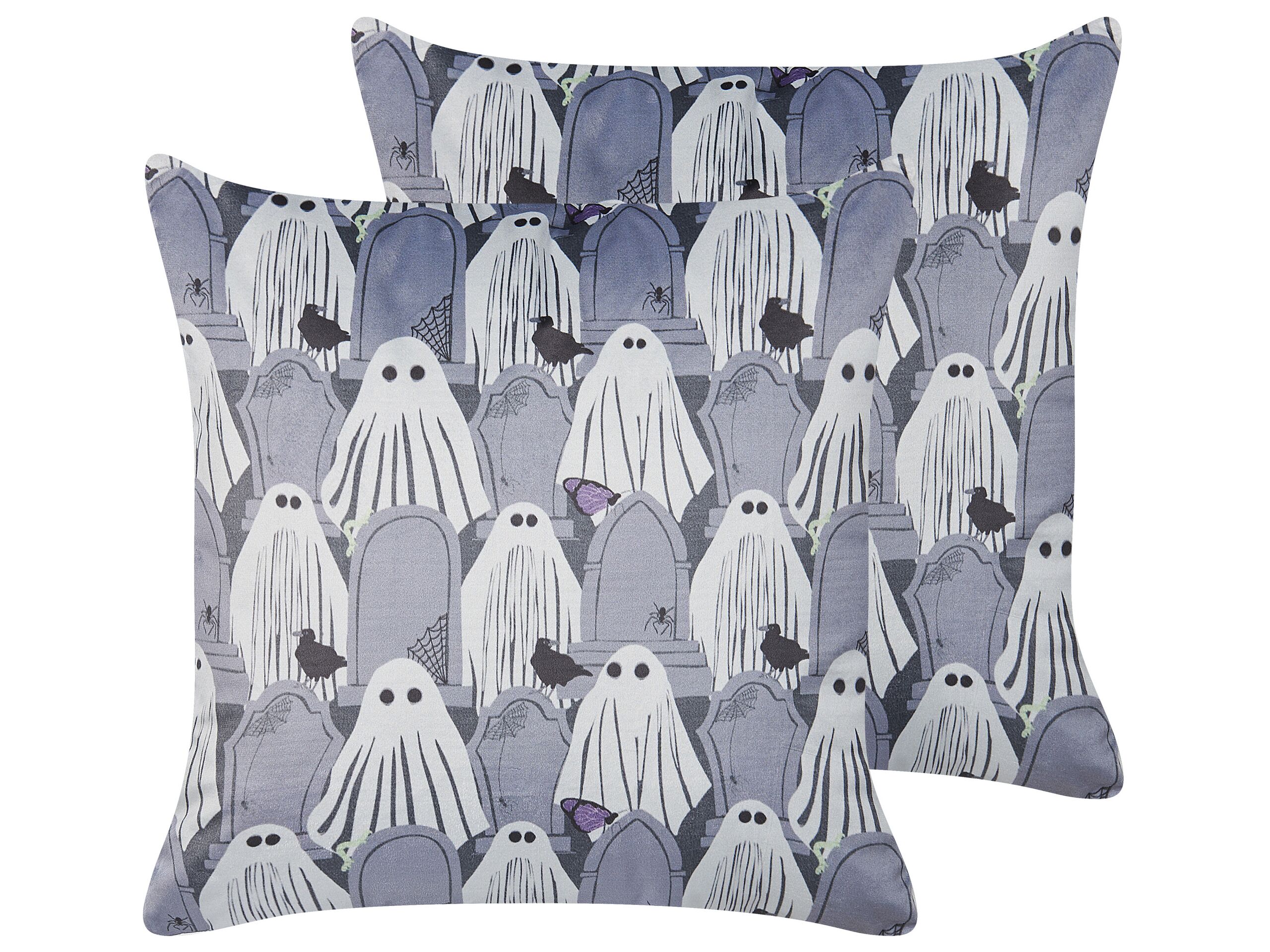 Set Of 2 Decorative Cushions Grey Velvet 45 X 45 Cm Ghost Pattern Square Modern Halloween Autumn