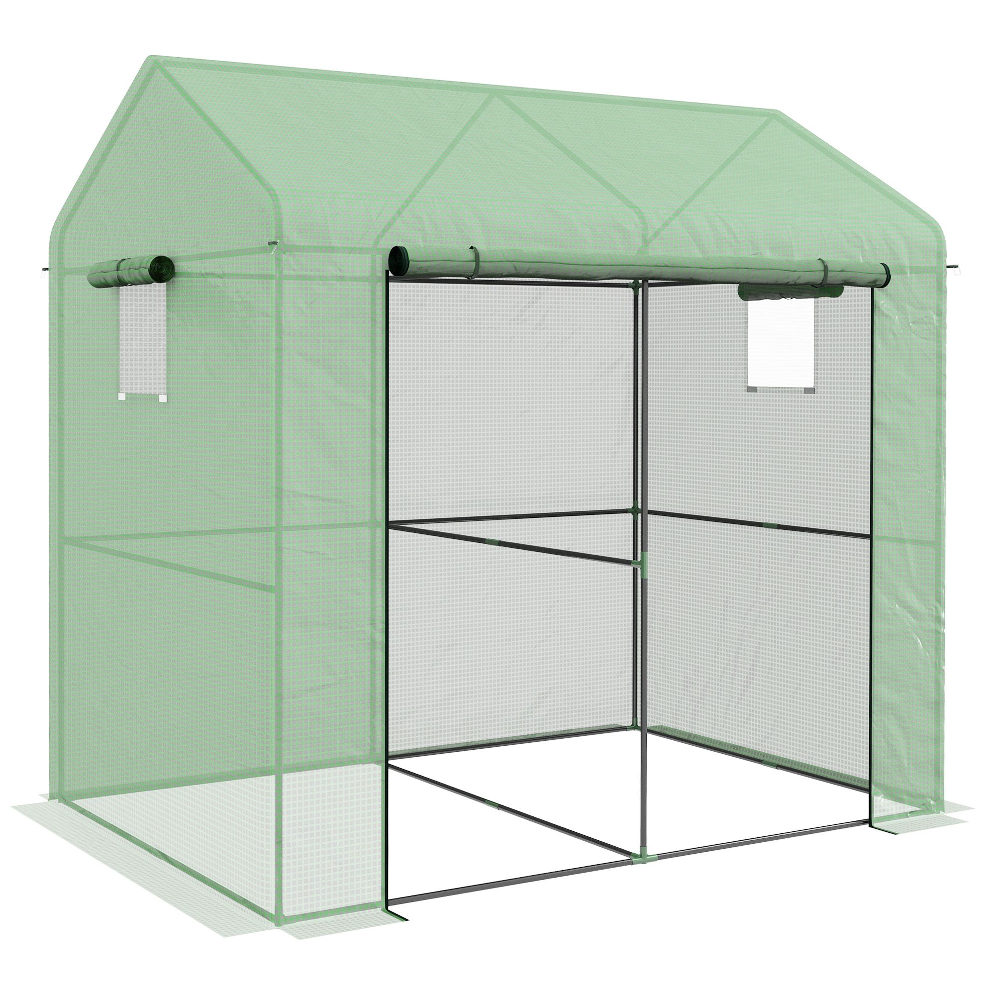 Outsunny Greenhouse, Walk-in Garden Grow House With Roll-up Door And Mesh Windows, 200 X 140 X 200cm, Green