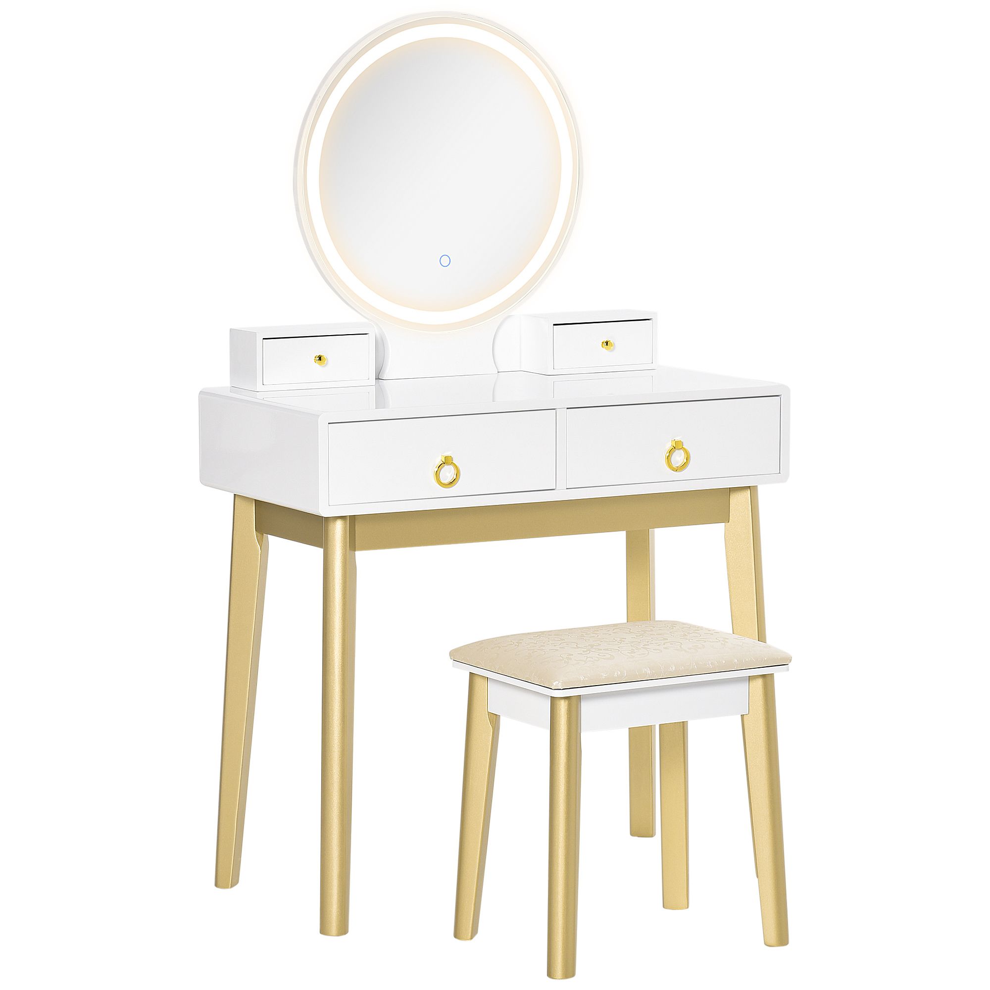Homcom Dressing Table Set With Mirror, Built-In 3 Color Led Light, Vanity Makeup Table With 4 Drawers And Cushioned Stool For Bedroom, White