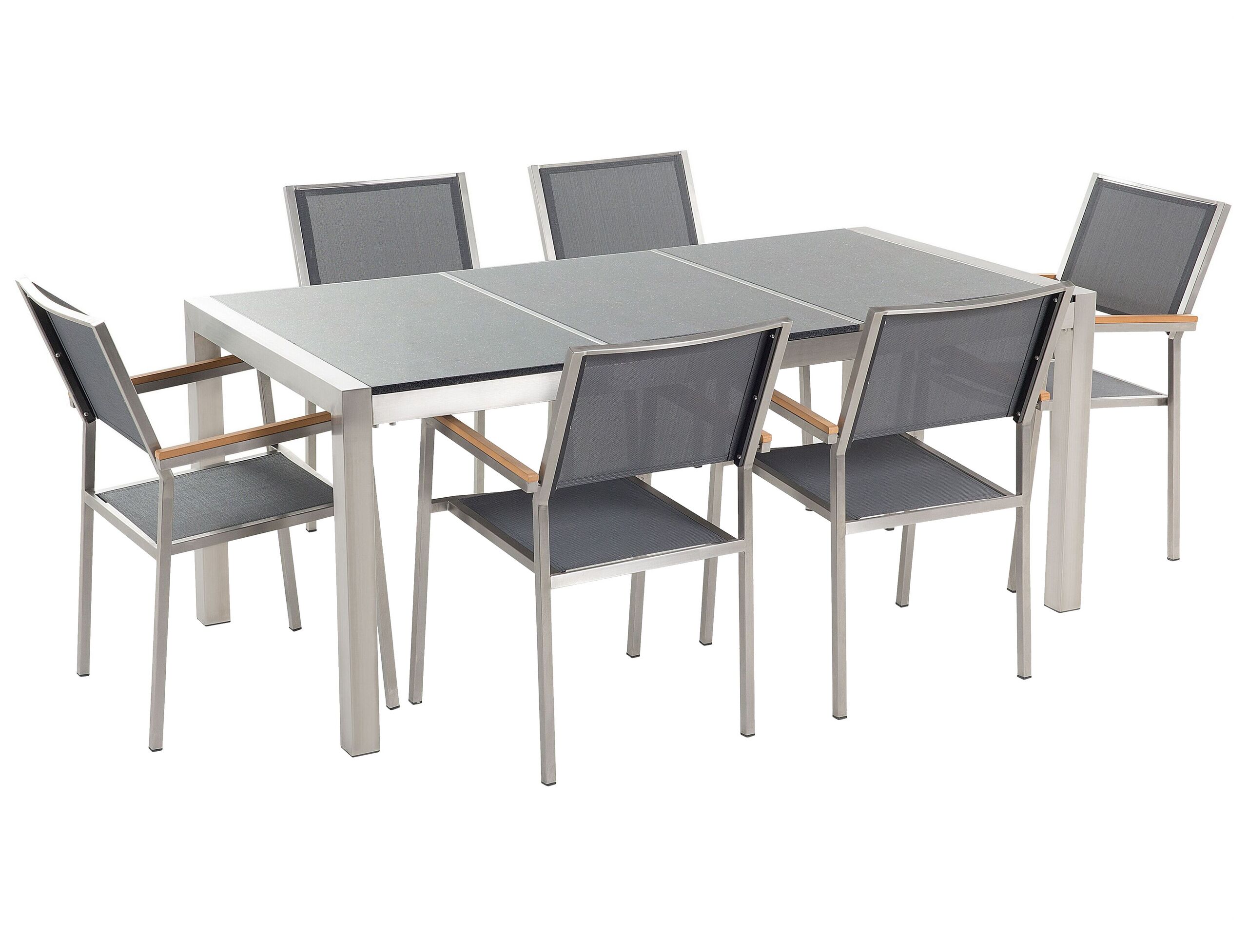 Garden Dining Set Grey With Grey Granite Table Top 6 Seats 180 X 90 Cm Triple Plate Beliani