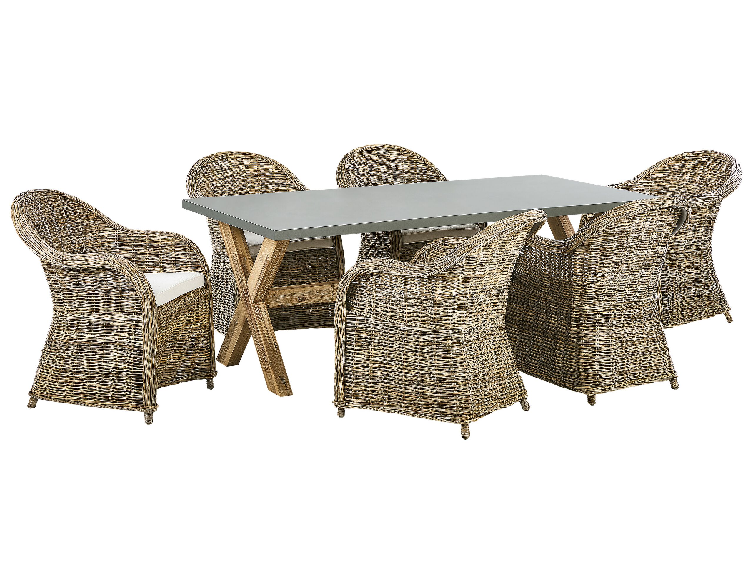 Garden Dining Set Natural Concrete Table 6 Rattan Wicker Chairs With Cotton Cushions Beliani