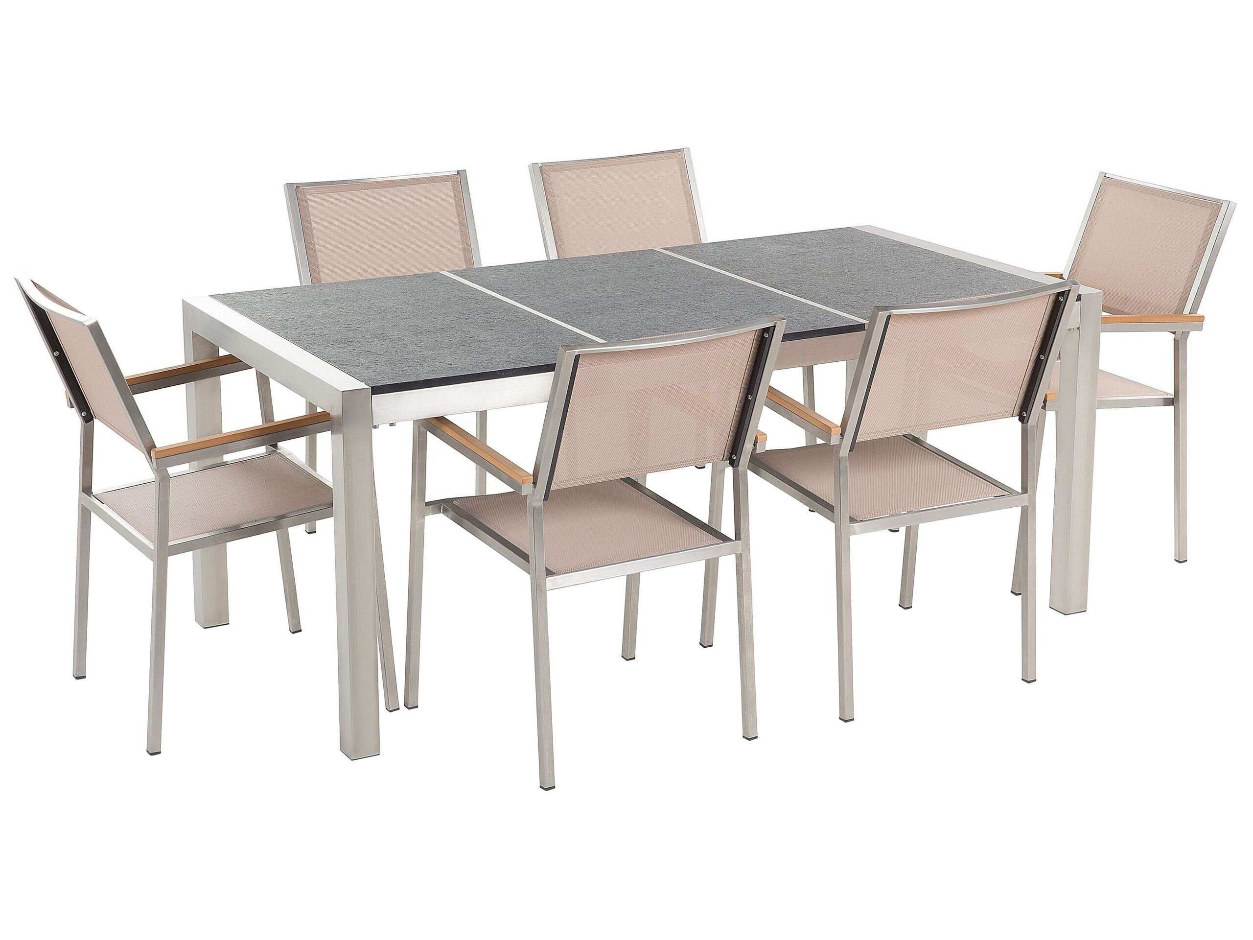 Garden Dining Set Beige With Flamed Basalt Table Top 6 Seats 180 X 90 Cm Triple Plate Beliani