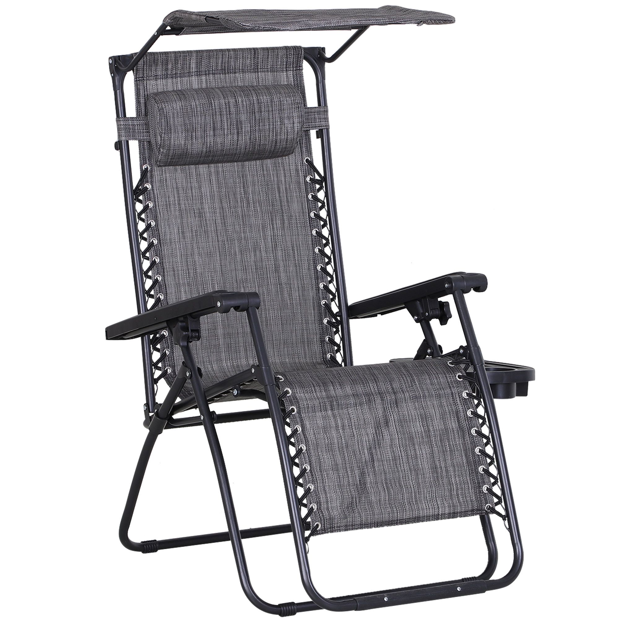 Outsunny Zero Gravity Garden Deck Folding Chair Patio Sun Lounger Reclining Seat With Cup Holder & Canopy Shade - Grey