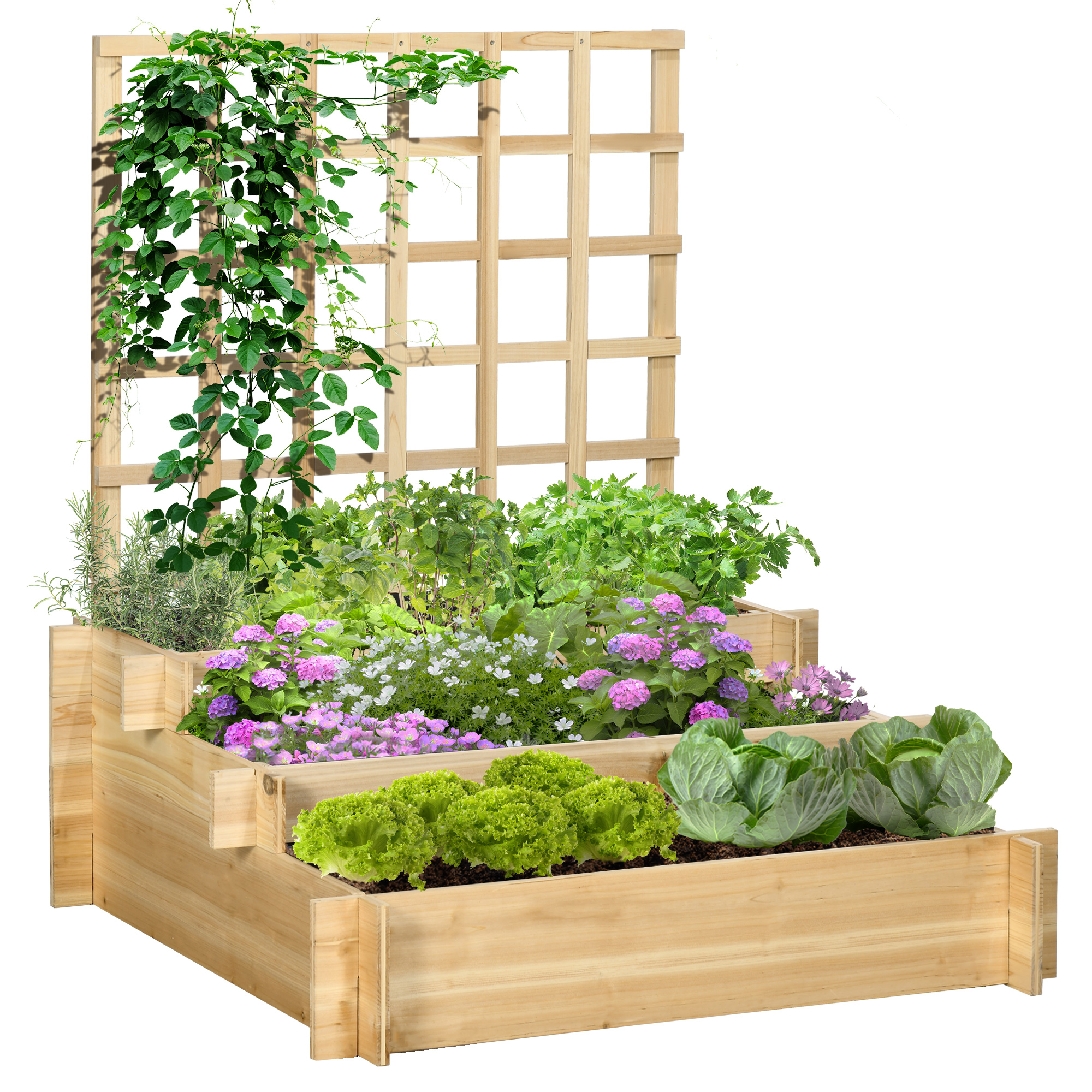 Outsunny 3 Tier Garden Planters With Trellis For Vine Climbing, Wooden Raised Beds, 95x95x110cm, Natural Tone