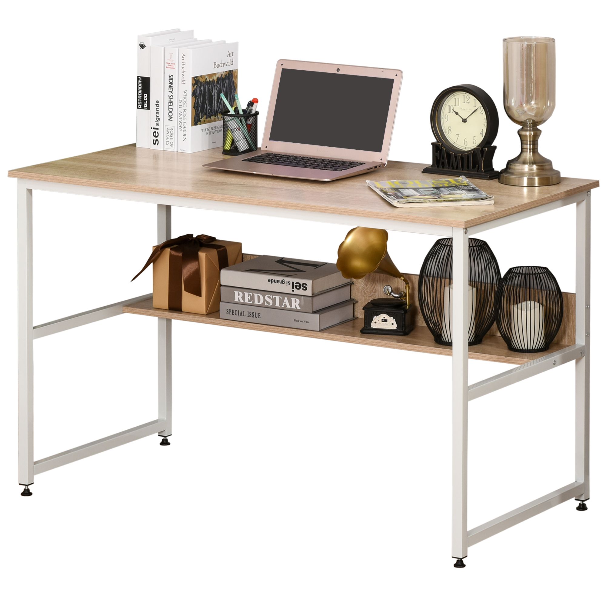 Homcom Computer Desk W/ Storage Shelf Adjustable Feet Metal Frame Home Office Laptop Study Writing Workstation Table Oak