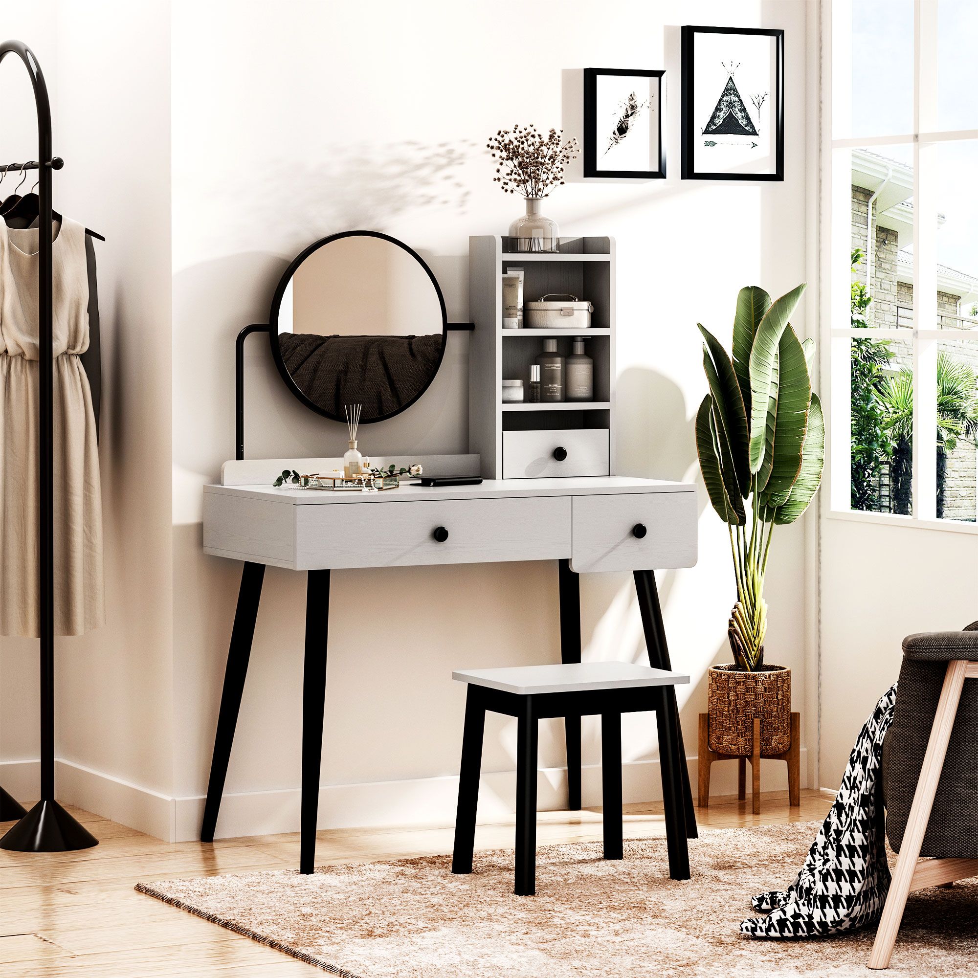 Homcom Dressing Table Set With Mirror And Stool, Vanity Makeup Table With 3 Drawers And Open Shelves, Grey