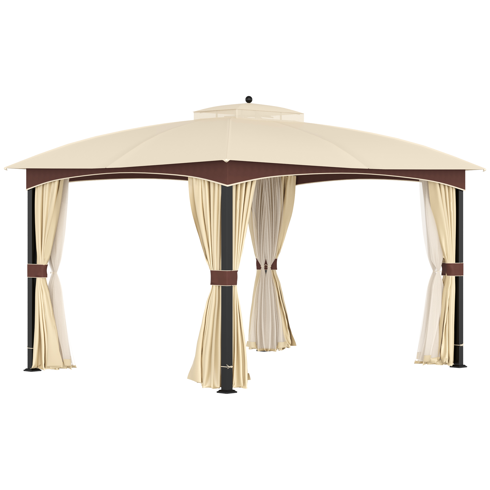 Outsunny 4 X 3(m) Patio Gazebo, Garden Canopy Shelter With Double Tier Roof, Removable Netting And Curtains For Lawn Khaki