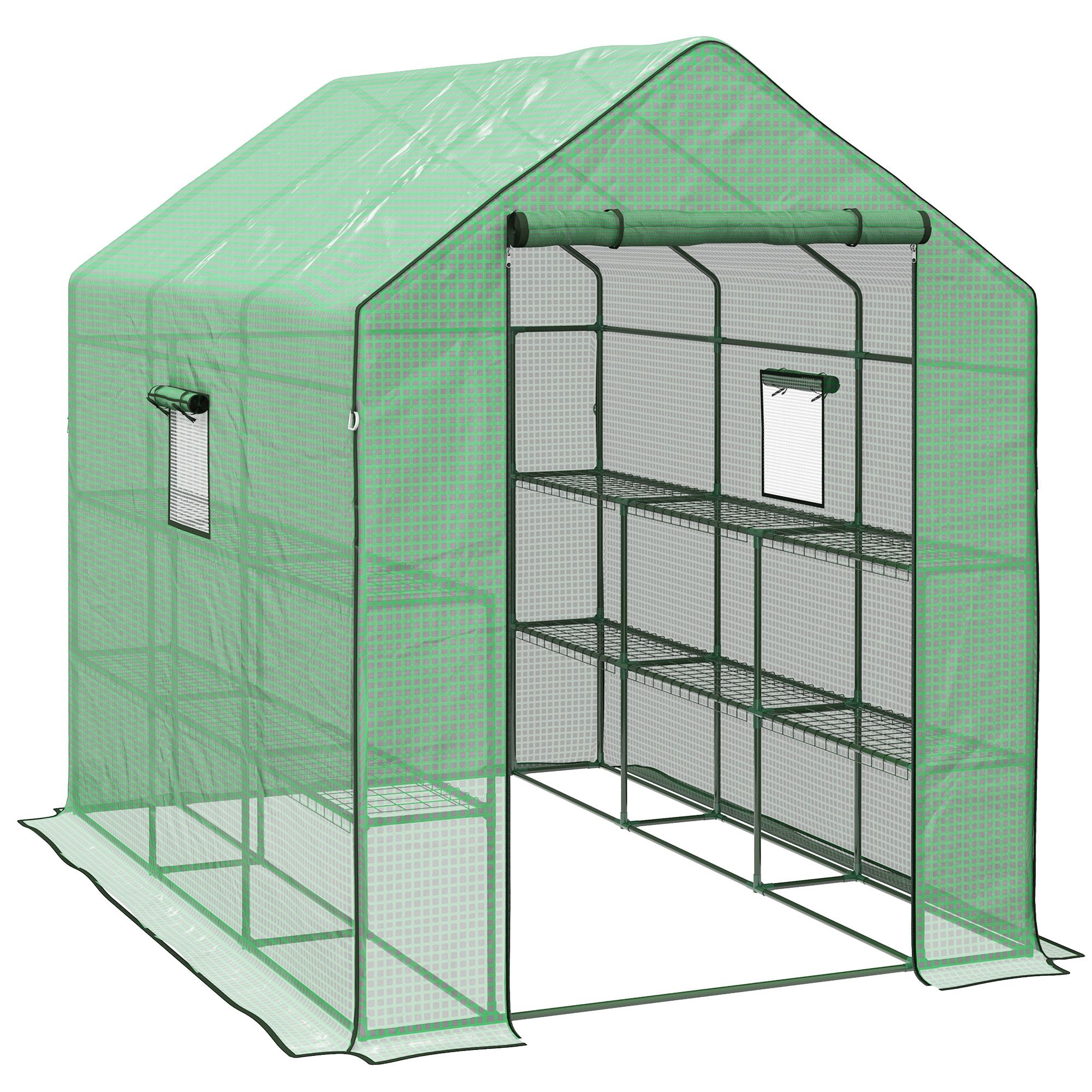 Outsunny Walk-in Greenhouse W/ 3 Tier Shelves, Green House Garden Grow House W/ Pe Cover, Roll-up Door, Mesh Windows, 140 X 213 X 190cm, Green