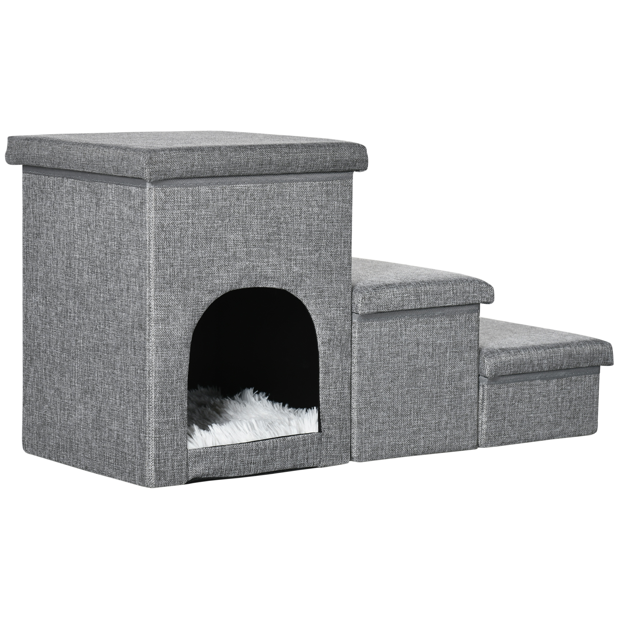 Pawhut Dog Steps 3-step Pet Stairs With Kitten House And 2 Storage Boxes, 3 In 1 Dog Ramp For Sofa With Washable Plush Cushion