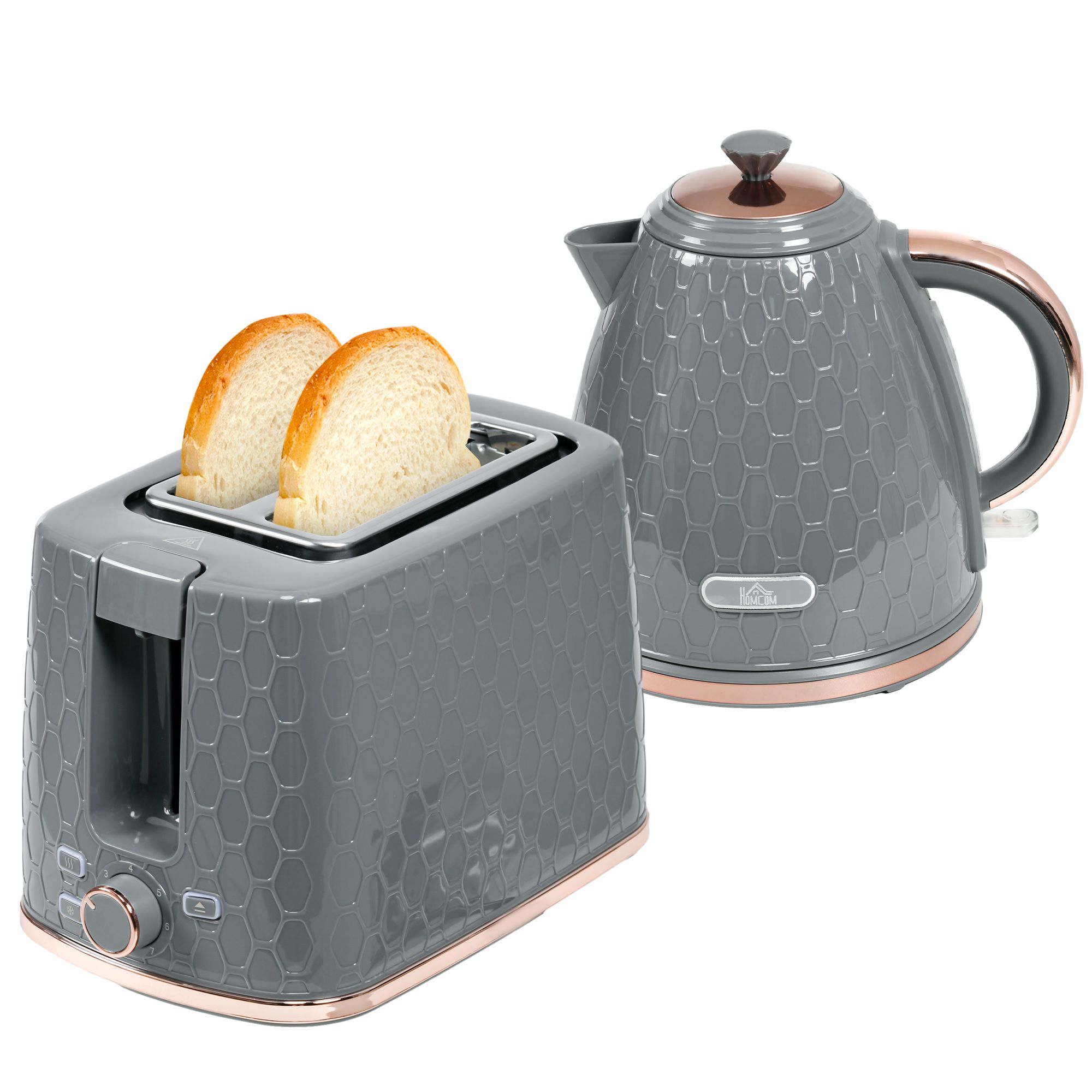 Homcom 1.7l 3000w Fast Boil Kettle & 2 Slice Toaster Set, Kettle And Toaster Set With Auto Shut Off, Browning Controls, Grey