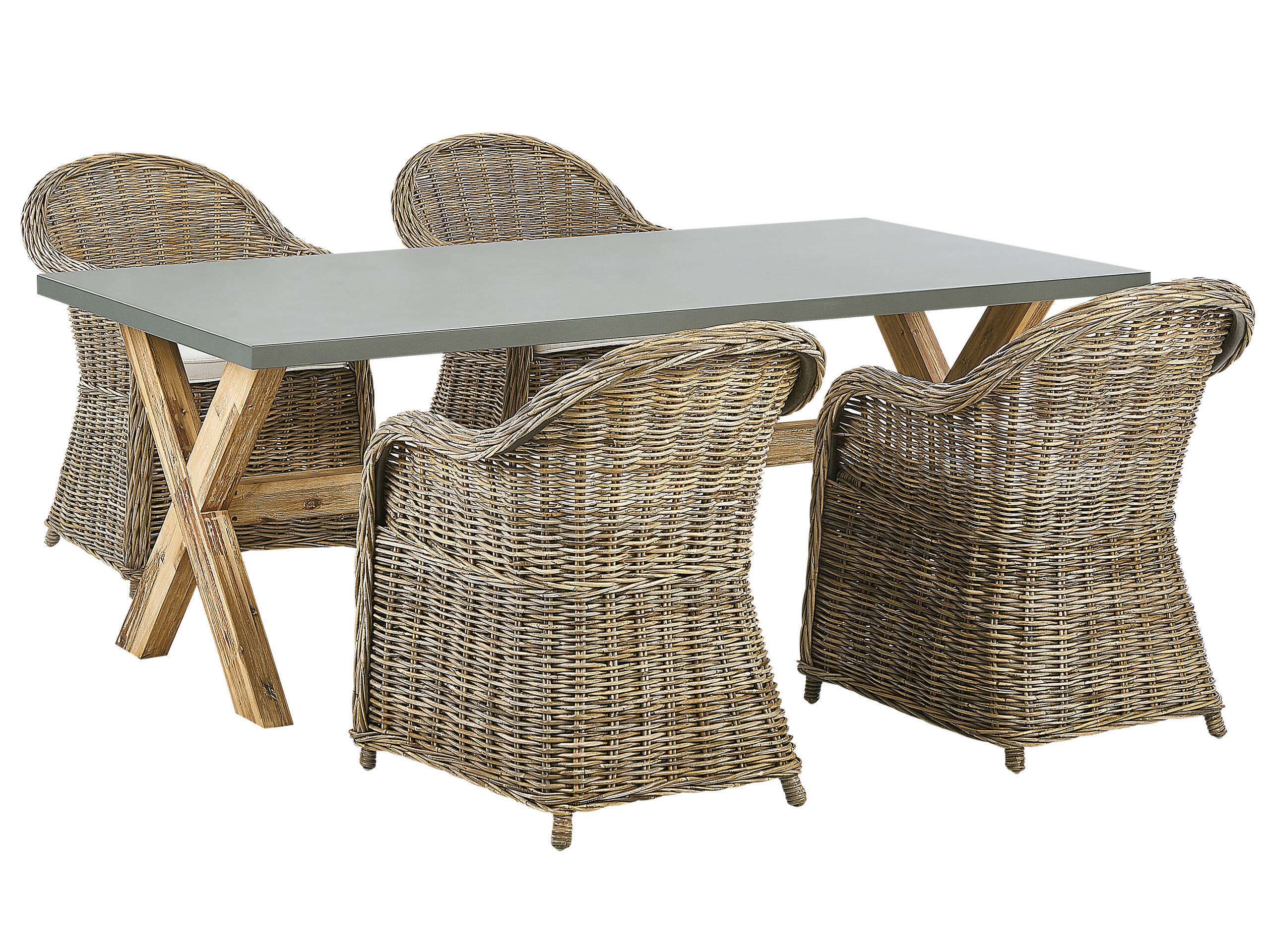 Garden Dining Set Natural Concrete Table 4 Rattan Wicker Chairs With Cotton Cushions Beliani