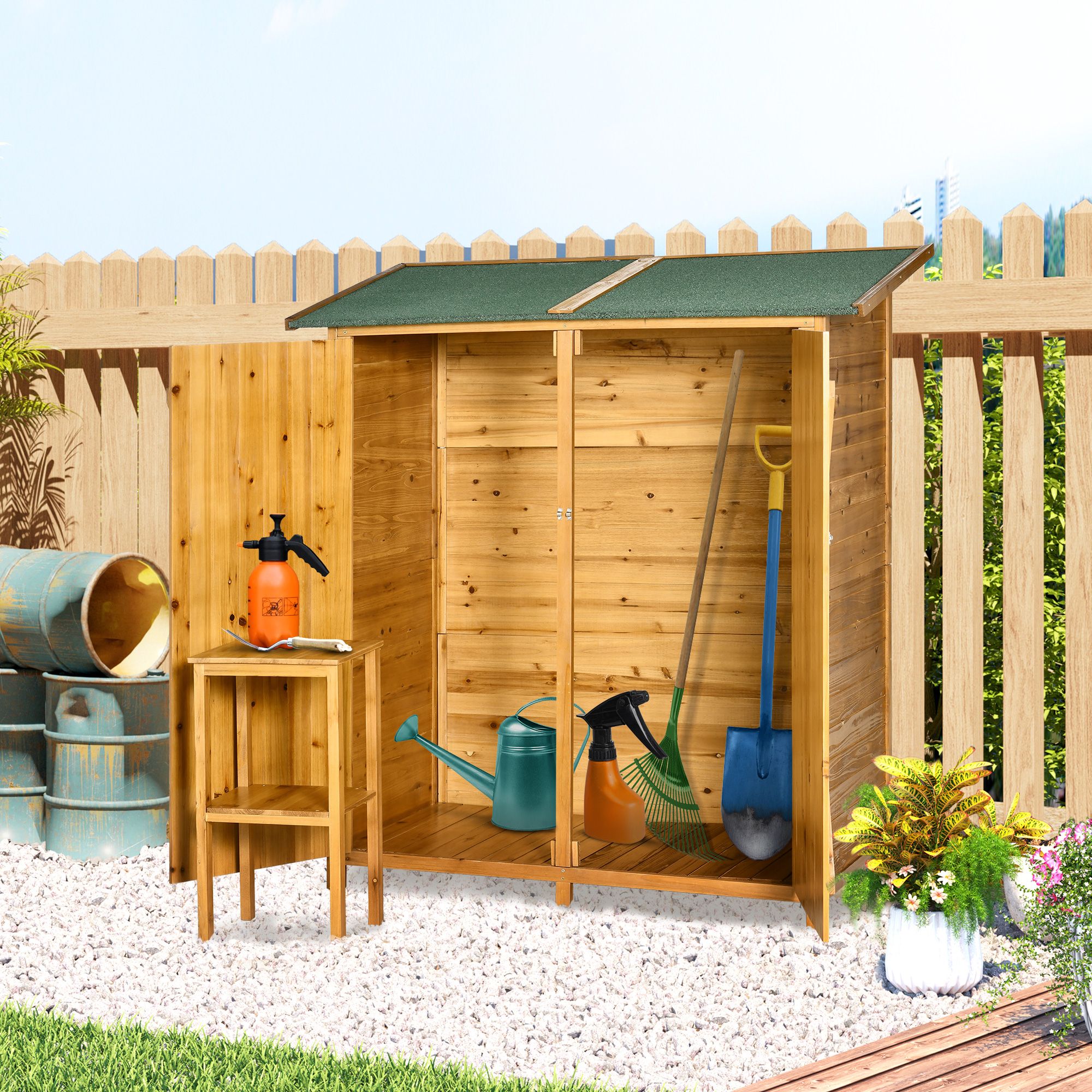 Outsunny Garden Wood Storage Shed W/ Flexible Table, Hooks And Ground Nails, Multifunction Lockable Sheds & Outdoor Asphalt Roof Tool Organizer, Grey