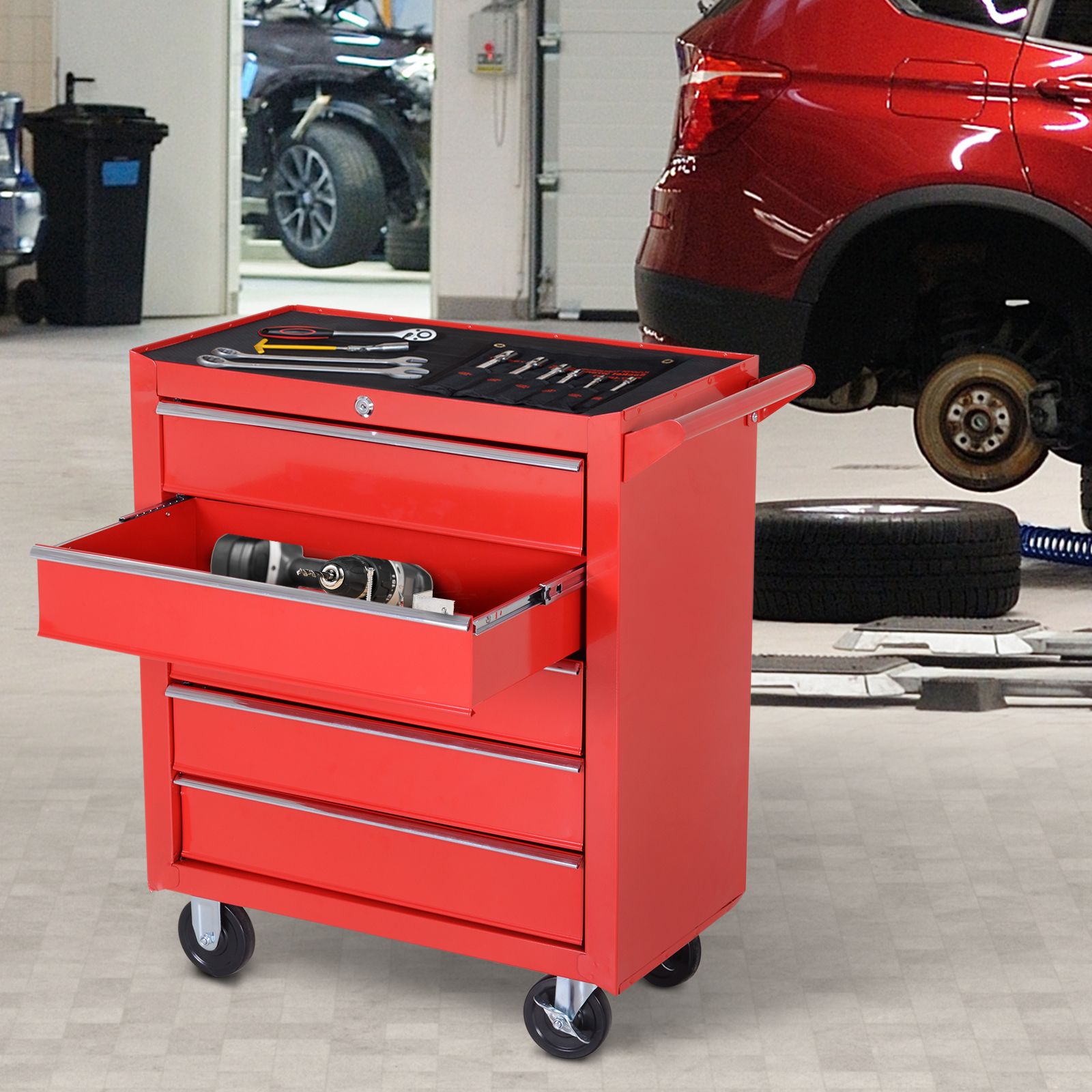 Durhand 5 Drawer Roller Tool Cabinet Storage Box Workshop Chest Garage Wheeling Trolley W/ Handle – Red