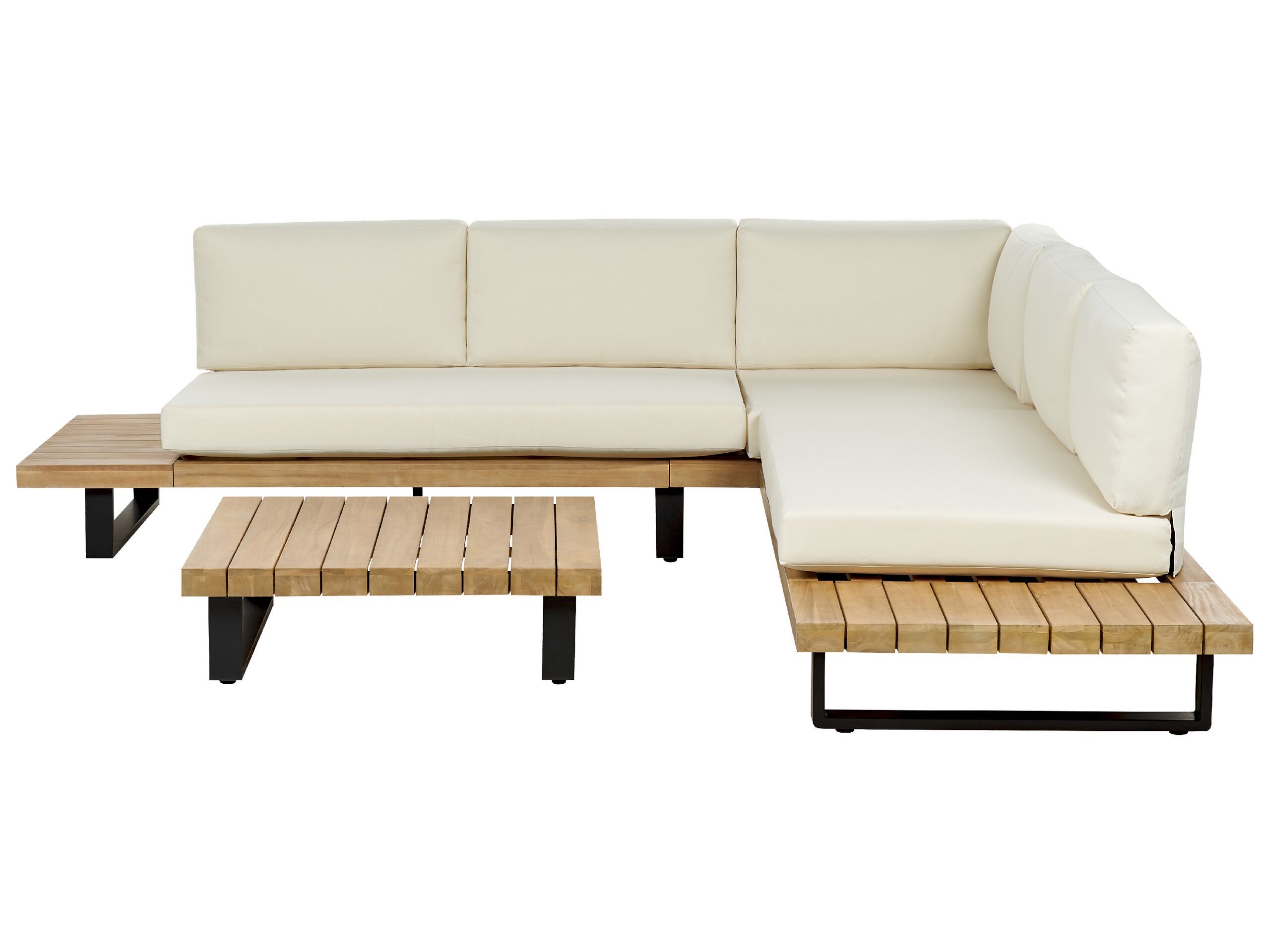 Corner Sofa Garden Set Off White And Light Wood 5 Seater Low Seat With Coffee Table Beliani