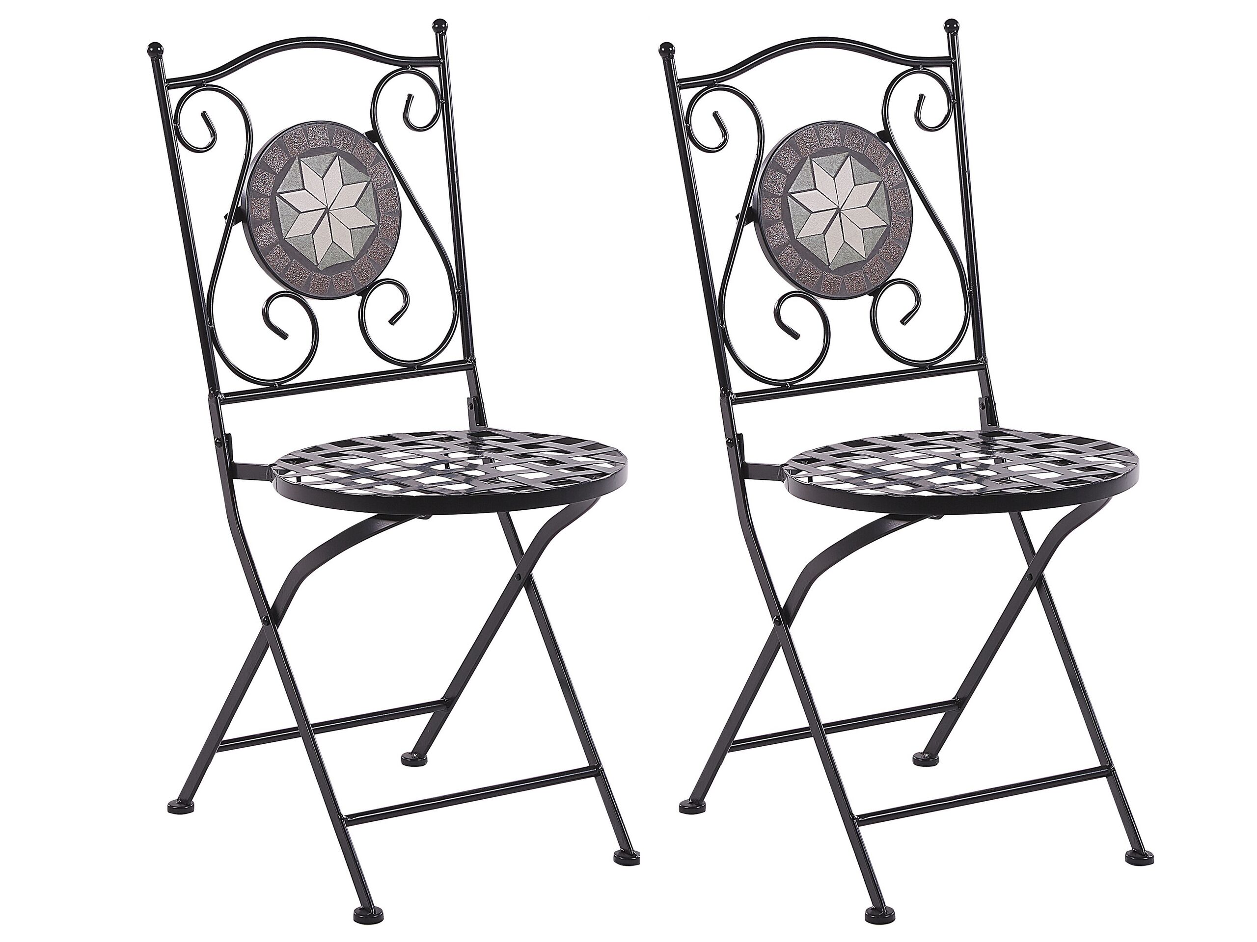 Set Of 2 Garden Chairs Black Metal Folding Carved Backrest Mosaic Tiles Pattern Vintage Style Beliani