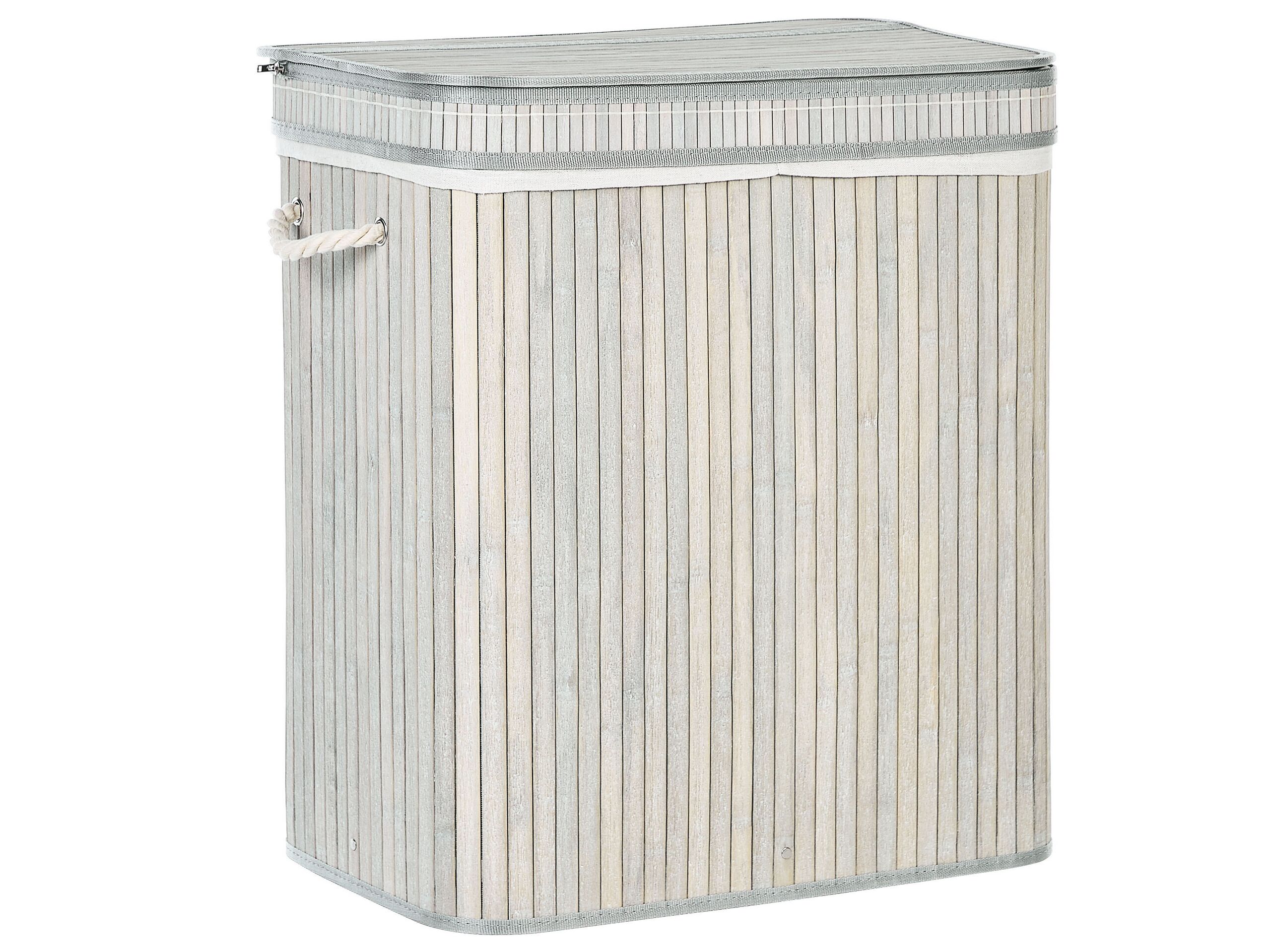 Basket With Zippered Lid Grey Bamboo Wood Laundry Hamper 2-compartments With Rope Handles