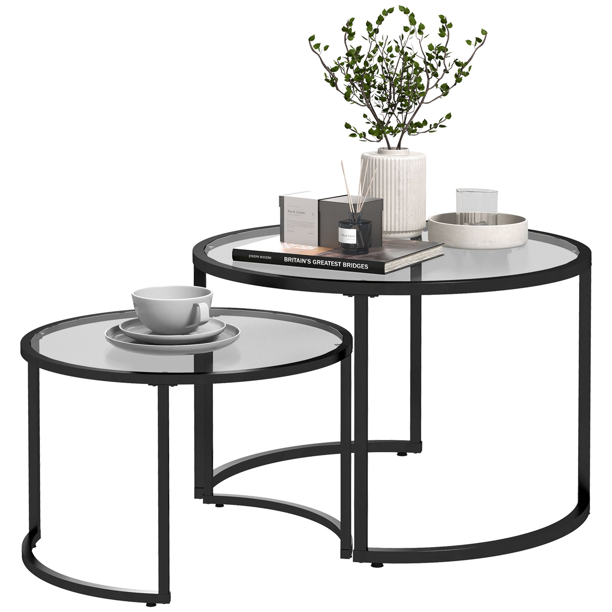 Homcom Glass Coffee Table Set Of 2, Round Nest Of Tables With Tempered Glass Tabletop And Steel Frame, Modern Side Tables For Living Room, Black