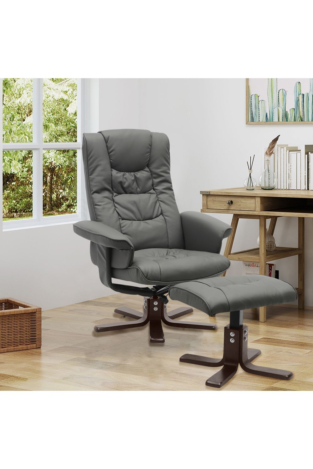 Grey Pu Leather Adjustable Swivel Recliner With Footstool