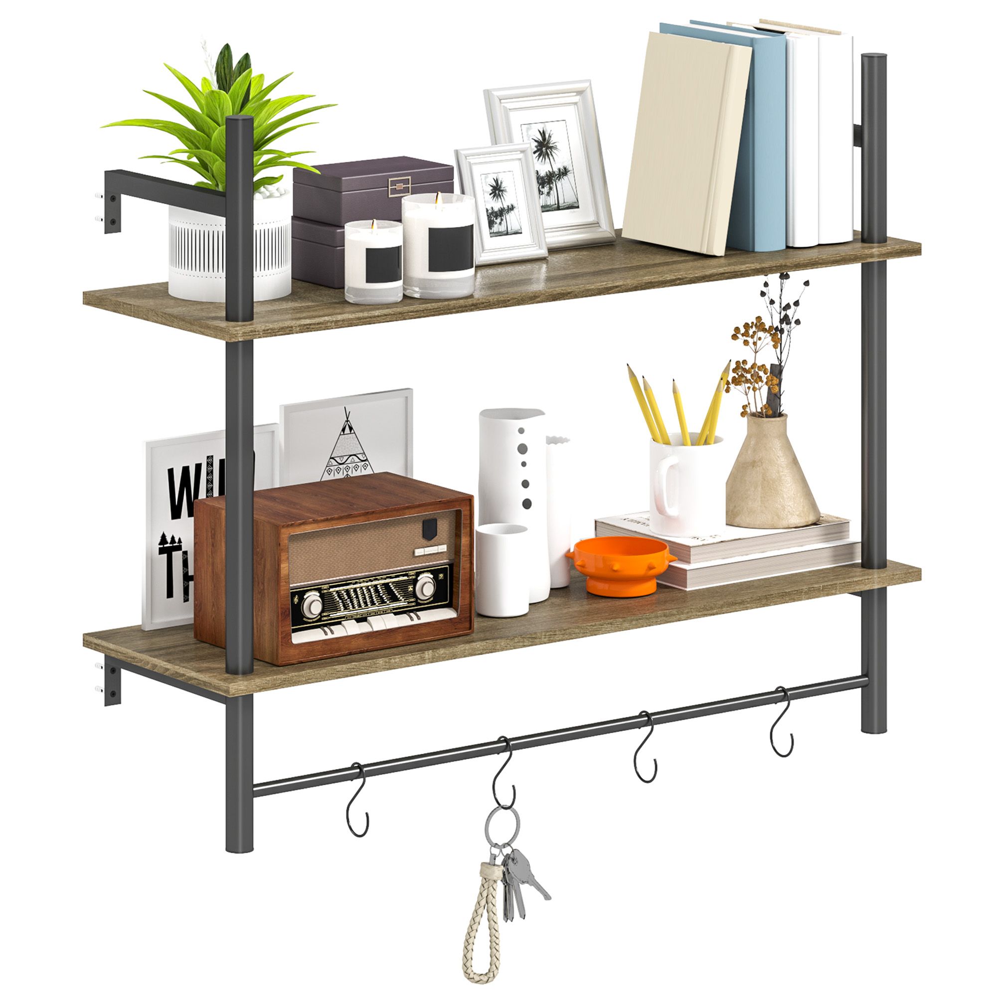 Homcom Wall Mounted Floating Shelves With 4 Hooks, Rustic Wall Shelf Unit For Living Room, Entryway, Grey