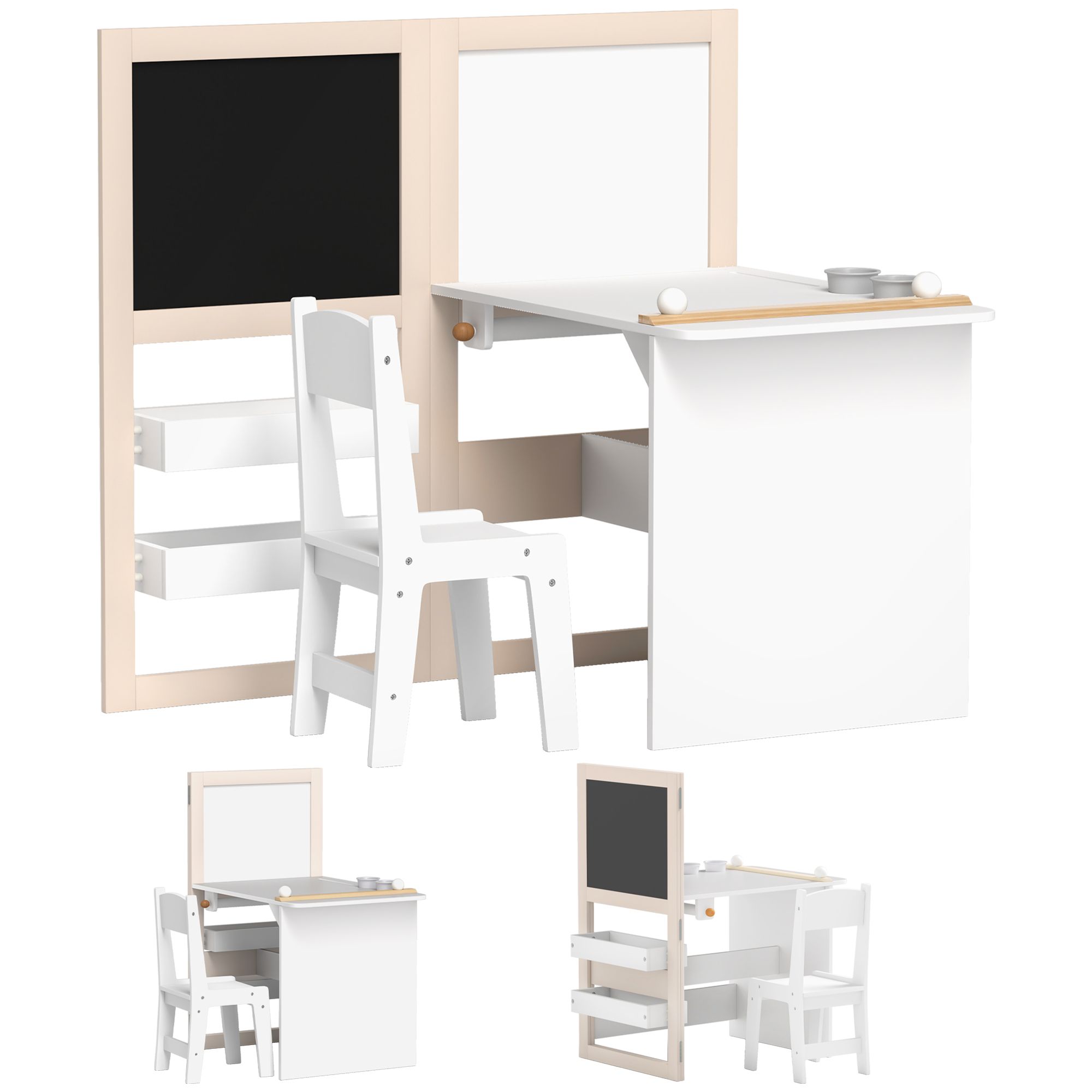 Aiyaplay 3 In 1 Kids Table And Chair Set With Storage, Whiteboard, Blackboard og Roll Paper For 3-8 Years, White