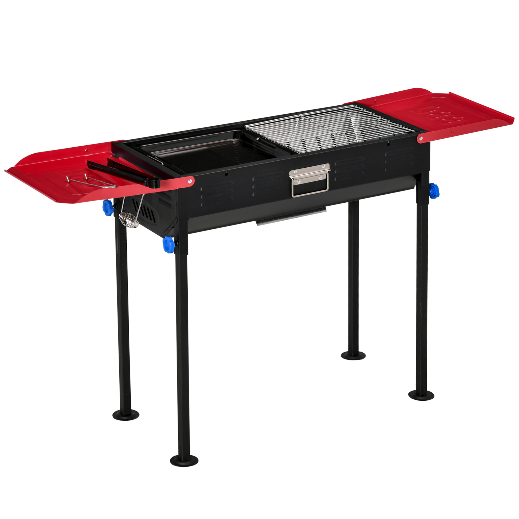 Outsunny Portable Charcoal Bbq Grill Height Adjustable Barbecue W/ Side Shelves, Grill Net & Pan Easy Set-up